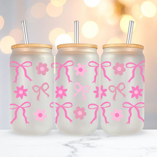 Pink Bows Frosted Glass Cup